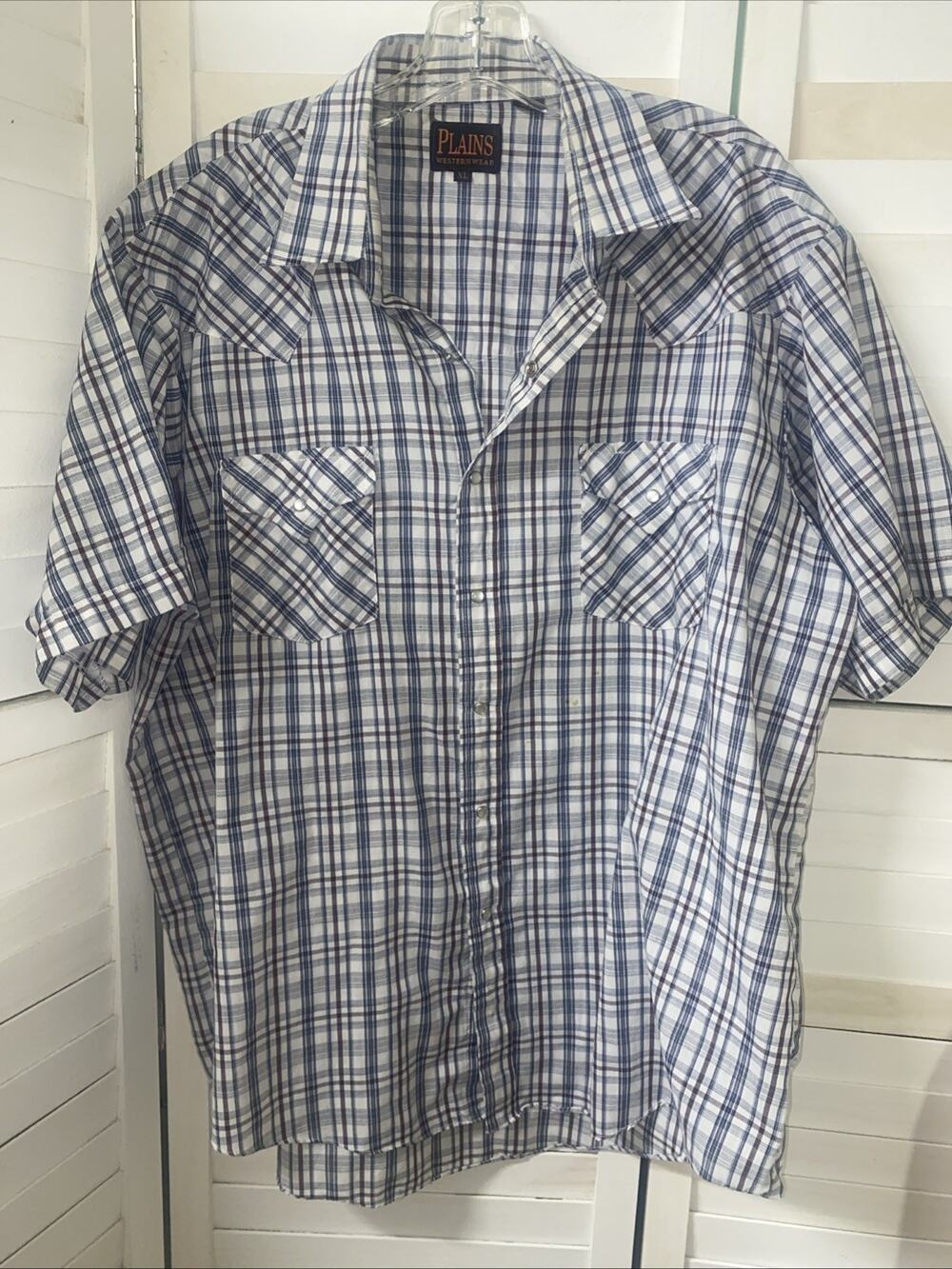 Plains Western Wear Men’s Shirt XL White Brown Plaid Snap Short Sleeves